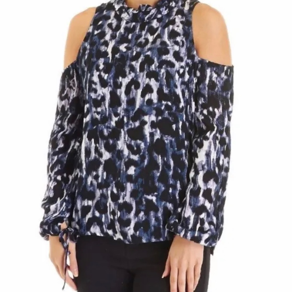BEBE Animal Print Cold Shoulder Top Ruffle Neckline XL